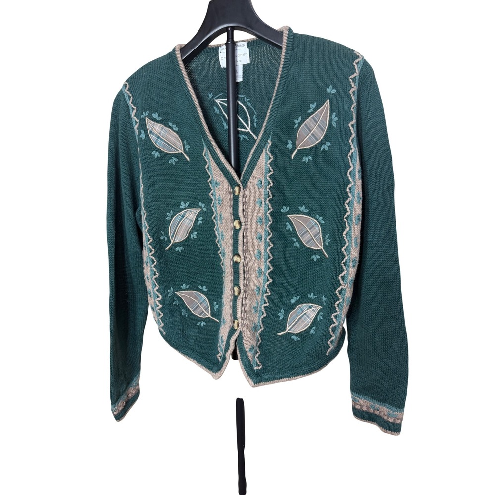 Christopher & Banks Green Hand Embroidered Leaf Cardigan Sweater Womens Small